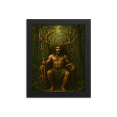 Cernunnos antlered throne in deep forest framed print on a plain backdrop in size 8"x10".
