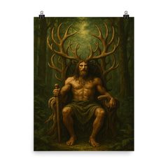 Cernunnos antlered throne in deep forest poster on a plain backdrop in size 8"x10".