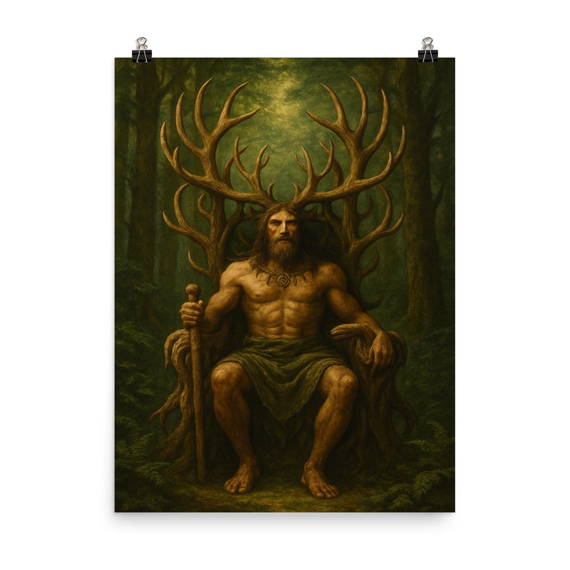 Cernunnos antlered throne in deep forest poster on a plain backdrop in size 8