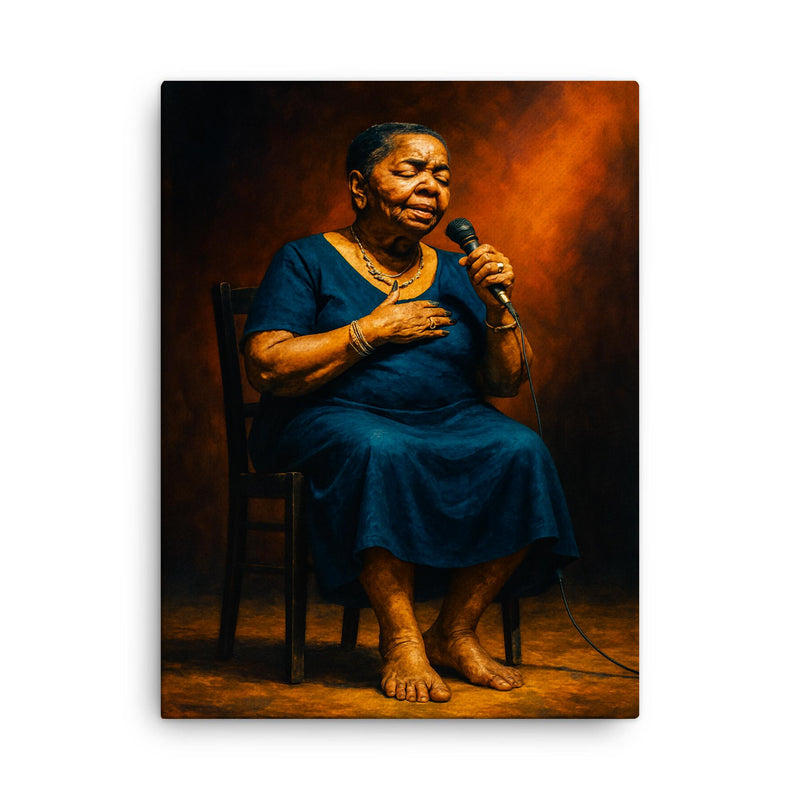 Cesária Évora barefoot stage portrait canvas print on a plain backdrop in size 18