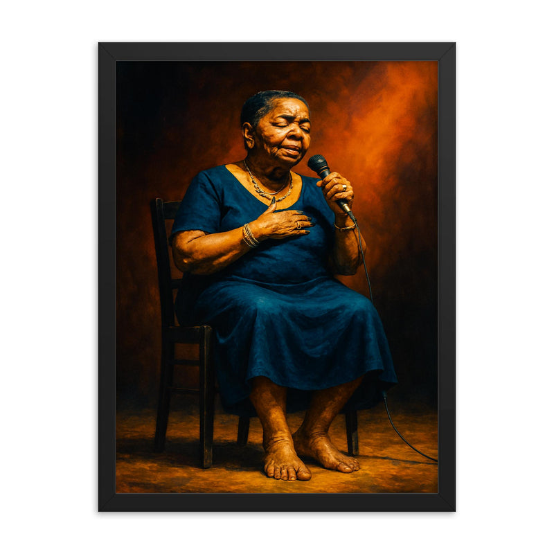 Cesária Évora barefoot stage portrait framed print on a plain backdrop in size 18