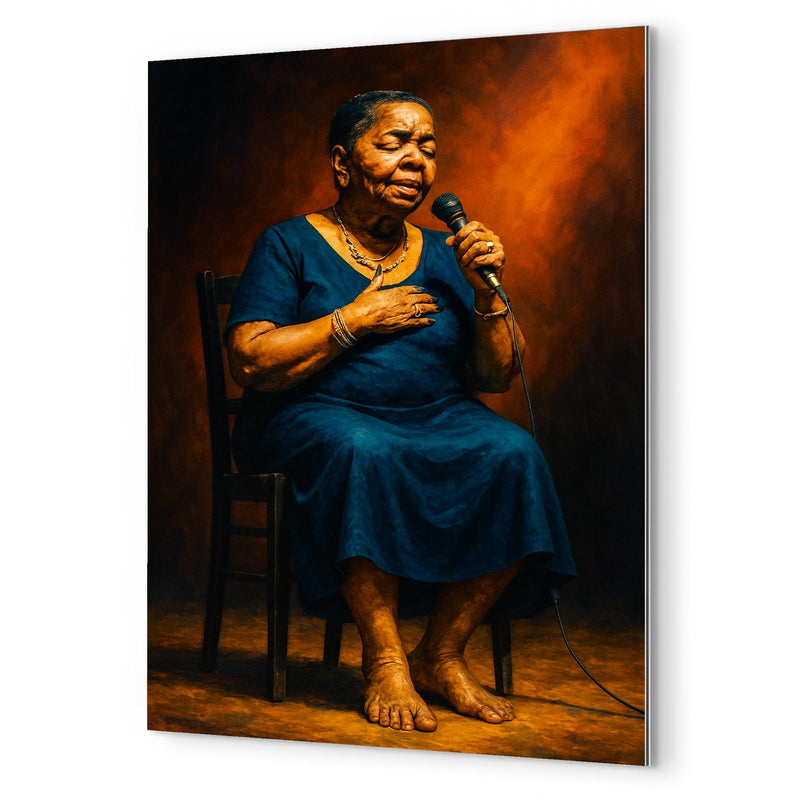 Cesária Évora barefoot stage portrait metal print mockup