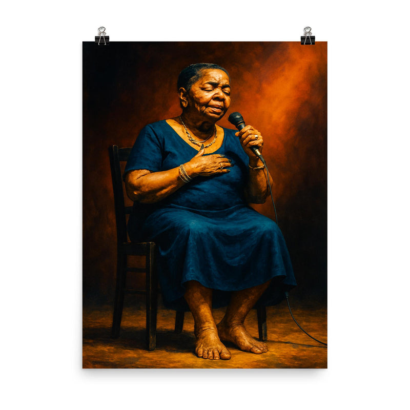 Cesária Évora barefoot stage portrait poster on a plain backdrop in size 8