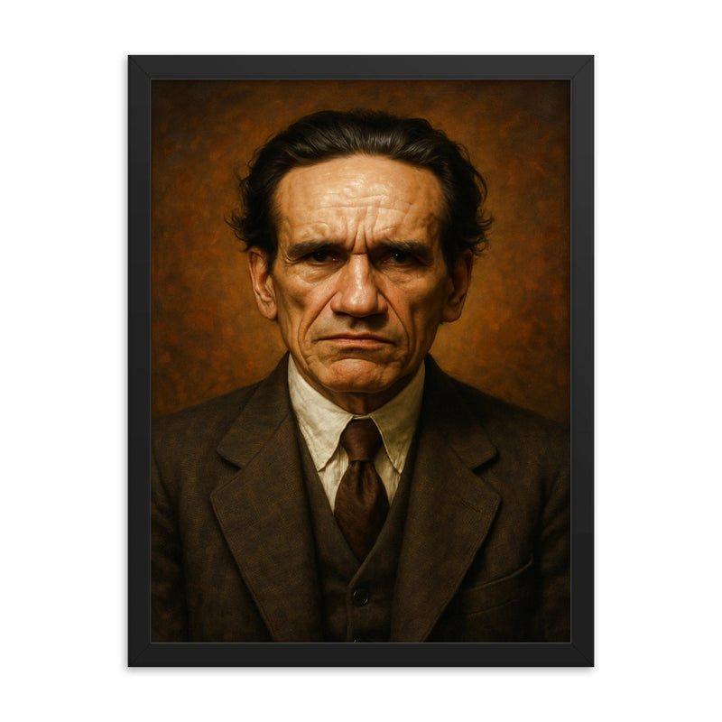 Cesar Vallejo portrait framed print on a plain backdrop in size 18