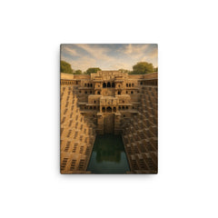 Chand Baori Stepwell India canvas print on a plain backdrop in size 12"x16".