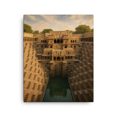 Chand Baori Stepwell India canvas print on a plain backdrop in size 16"x20".