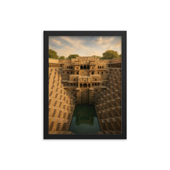Chand Baori Stepwell India framed print on a plain backdrop in size 12"x16".
