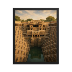 Chand Baori Stepwell India framed print on a plain backdrop in size 16"x20".