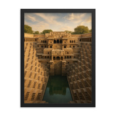 Chand Baori Stepwell India framed print on a plain backdrop in size 18"x24".