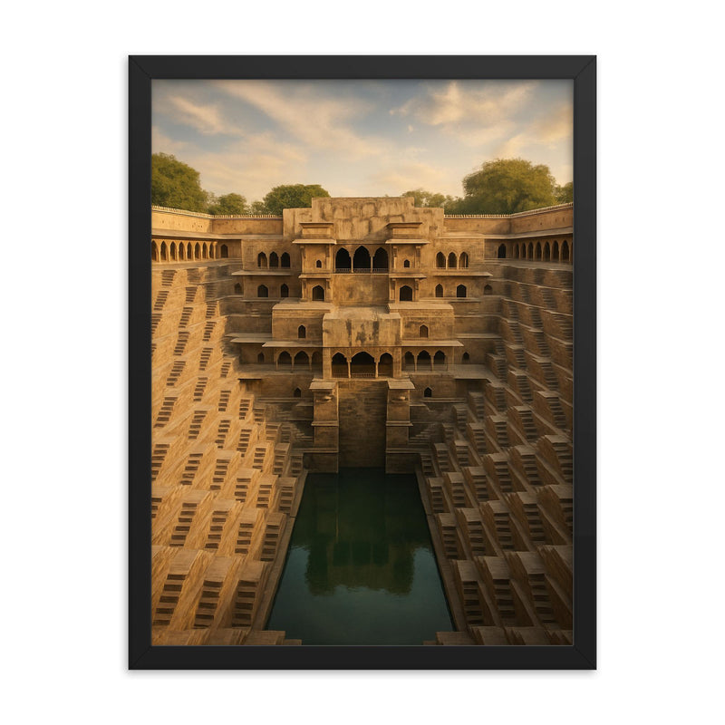 Chand Baori Stepwell India framed print on a plain backdrop in size 18