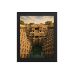 Chand Baori Stepwell India framed print on a plain backdrop in size 8"x10".