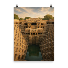 Chand Baori Stepwell India poster on a plain backdrop in size 8"x10".