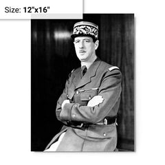 Charles de Gaulle metal print on a plain backdrop in size 12"x16".