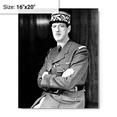 Charles de Gaulle metal print on a plain backdrop in size 16"x20".