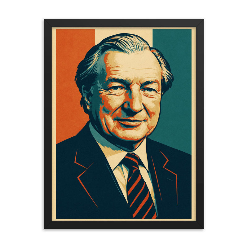 Charles Haughey framed print on a plain backdrop in size 18