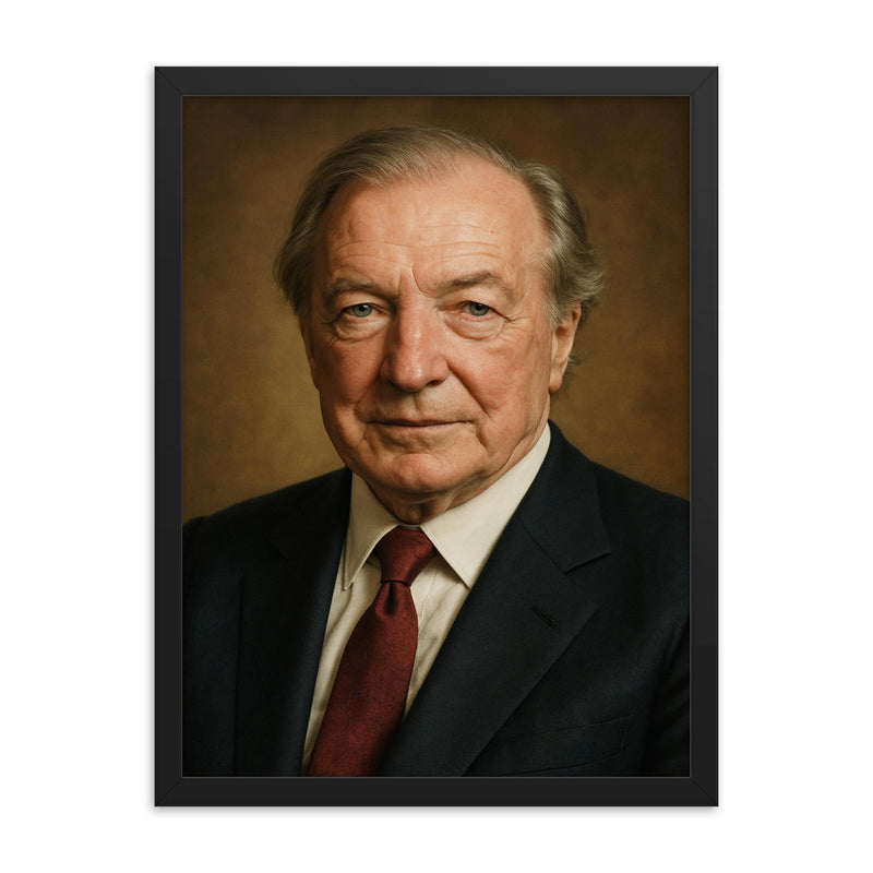 Charles Haughey portrait framed print on a plain backdrop in size 18