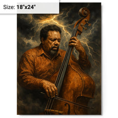 Charles Mingus bass like a storm front metal print on a plain backdrop in size 18"x24".