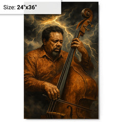 Charles Mingus bass like a storm front metal print on a plain backdrop in size 24"x36".