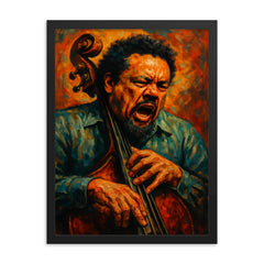 Charles Mingus furious bass portrait framed print on a plain backdrop in size 18"x24".