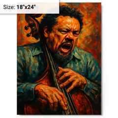 Charles Mingus furious bass portrait metal print on a plain backdrop in size 18"x24".