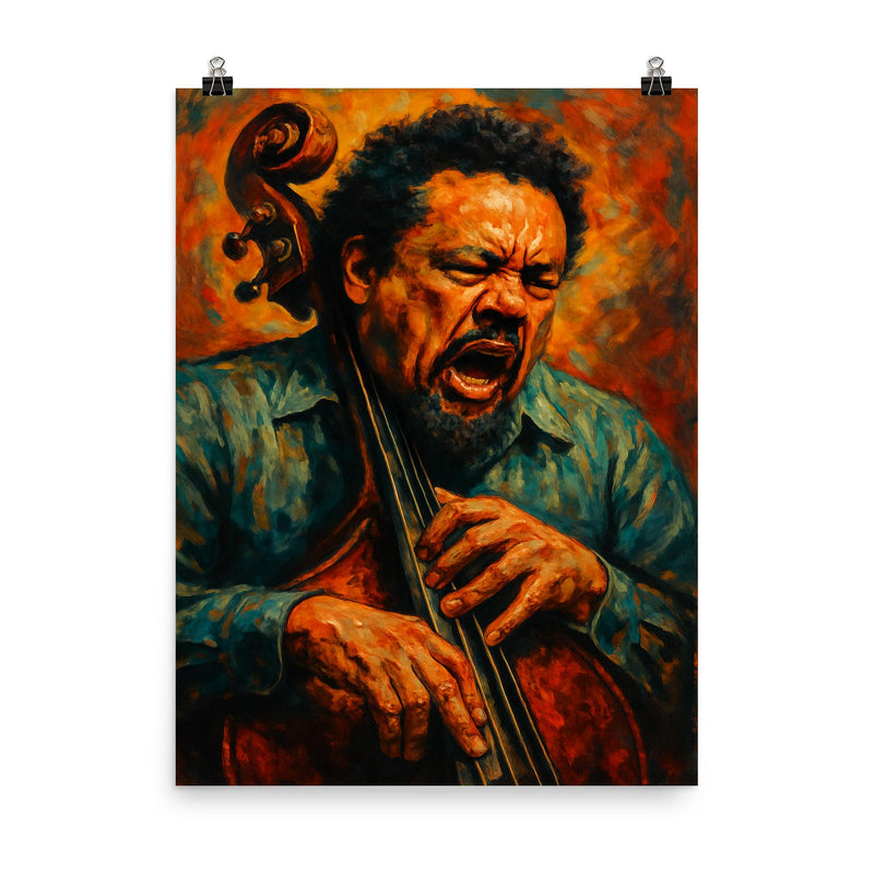 Charles Mingus furious bass portrait poster on a plain backdrop in size 8