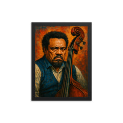 Charles Mingus scowling beside upright bass framed print on a plain backdrop in size 12"x16".