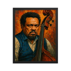 Charles Mingus scowling beside upright bass framed print on a plain backdrop in size 16"x20".