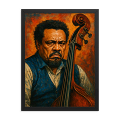 Charles Mingus scowling beside upright bass framed print on a plain backdrop in size 18"x24".