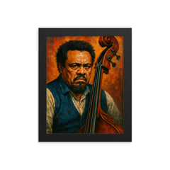 Charles Mingus scowling beside upright bass framed print on a plain backdrop in size 8"x10".