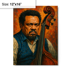Charles Mingus scowling beside upright bass metal print on a plain backdrop in size 12"x16".