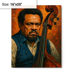 Charles Mingus scowling beside upright bass metal print on a plain backdrop in size 16"x20".