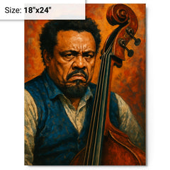 Charles Mingus scowling beside upright bass metal print on a plain backdrop in size 18"x24".