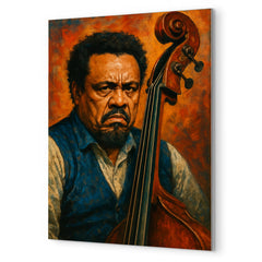 Charles Mingus scowling beside upright bass metal print mockup