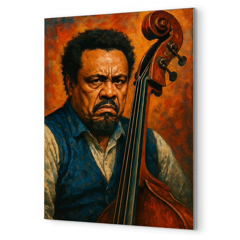 Charles Mingus scowling beside upright bass metal print mockup