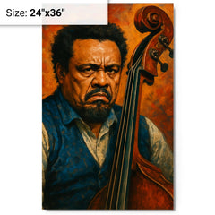 Charles Mingus scowling beside upright bass metal print on a plain backdrop in size 24"x36".