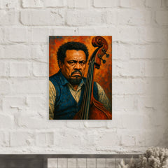 Charles Mingus scowling beside upright bass metal print mockup