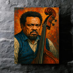 Charles Mingus scowling beside upright bass metal print mockup