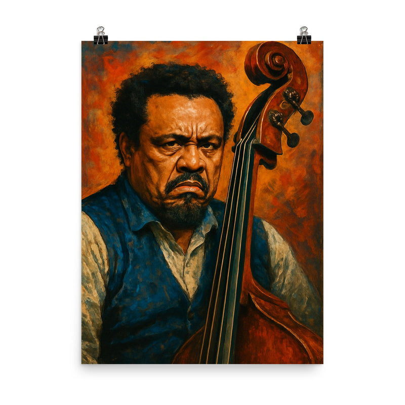 Charles Mingus scowling beside upright bass poster on a plain backdrop in size 8
