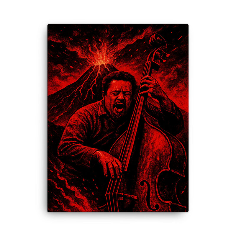 Charles Mingus volcanic bass performance in red black palette canvas print on a plain backdrop in size 18
