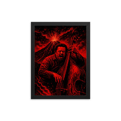 Charles Mingus volcanic bass performance in red black palette framed print on a plain backdrop in size 12"x16".