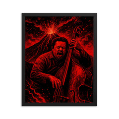 Charles Mingus volcanic bass performance in red black palette framed print on a plain backdrop in size 16"x20".