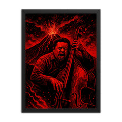 Charles Mingus volcanic bass performance in red black palette framed print on a plain backdrop in size 18"x24".
