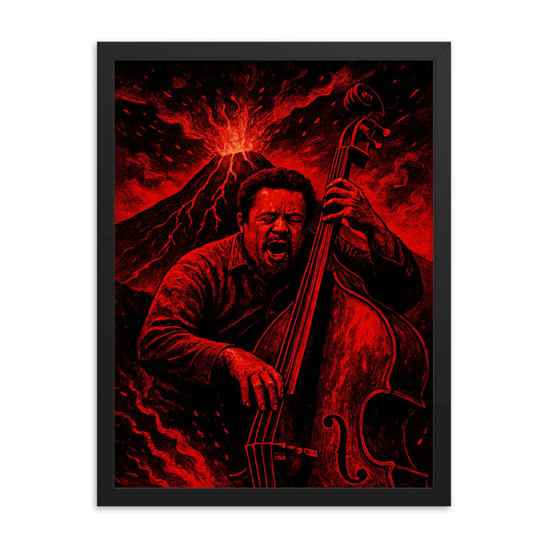 Charles Mingus volcanic bass performance in red black palette framed print on a plain backdrop in size 18