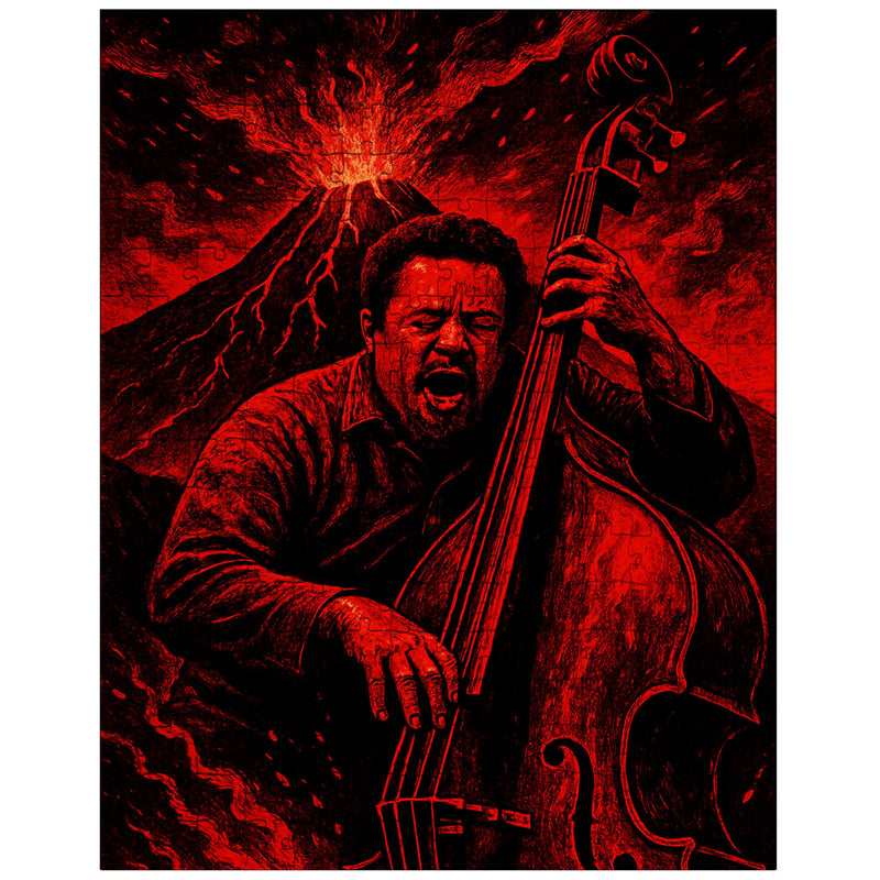 Charles Mingus volcanic bass performance in red black palette jigsaw puzzle