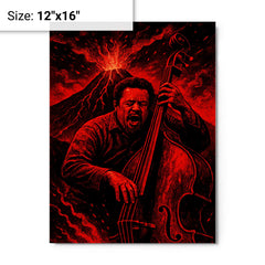 Charles Mingus volcanic bass performance in red black palette metal print on a plain backdrop in size 12"x16".