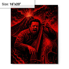 Charles Mingus volcanic bass performance in red black palette metal print on a plain backdrop in size 16"x20".
