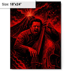 Charles Mingus volcanic bass performance in red black palette metal print on a plain backdrop in size 18"x24".