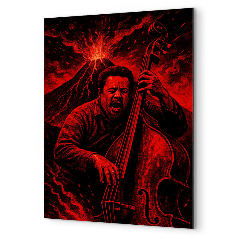 Charles Mingus volcanic bass performance in red black palette metal print mockup