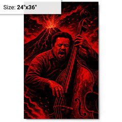 Charles Mingus volcanic bass performance in red black palette metal print on a plain backdrop in size 24"x36".