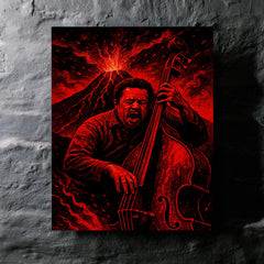 Charles Mingus volcanic bass performance in red black palette metal print mockup